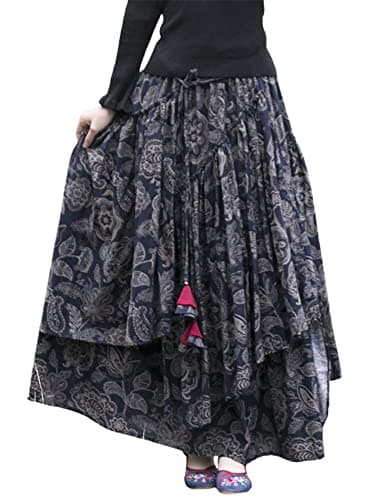 Womens Elastic Waist Retro Maxi Pleated Long Skirt — Print 5