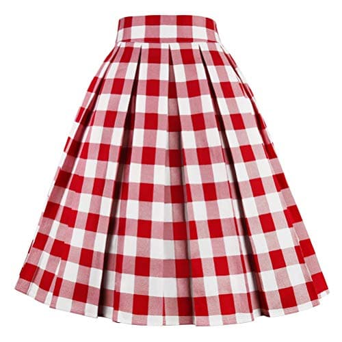 Girstunm Women's Floral Print A-line Midi Skirt with Pockets — A-red-white-plaid