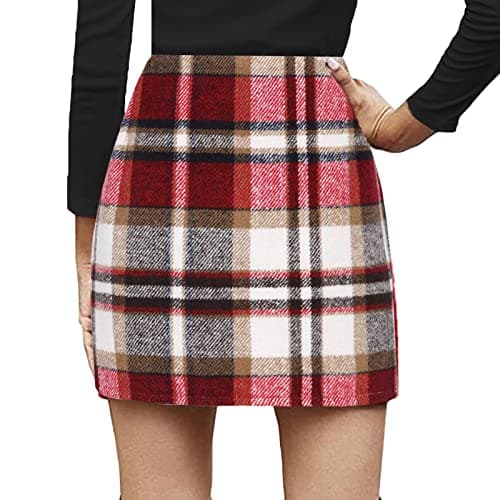 Yuemengxuan Women's Wool Plaid High Waist A-line Skirt