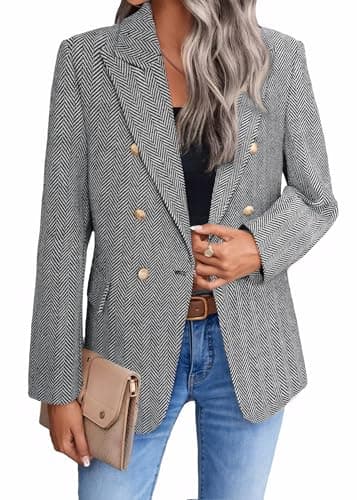 Mina Self 2025 Women's Spring Plaid Tweed Lapel Blazer Jacket with Pockets — Herringbone/Black