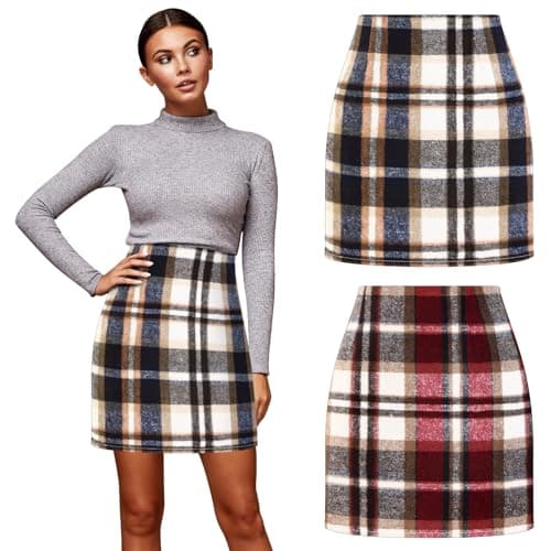 Coume 2 Pack Women's Wool Plaid Mini Skirts 2025 Trendy High-Waisted Pencil Bodycon