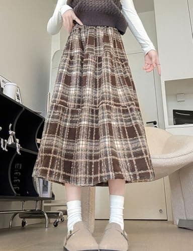 IDEALSANXUN Wool Plaid Midi Skirt for Women Fall Winter