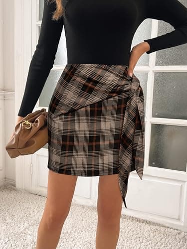 Kate Kasin High Waist Elastic Plaid Mini Skirt with Bow Tie Stretch