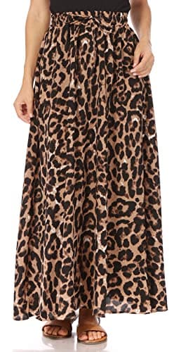 Trendy Women's Maxi Skirts - Flowy Summer Aline Elastic High Waisted Reg & Plus Size — Leopard