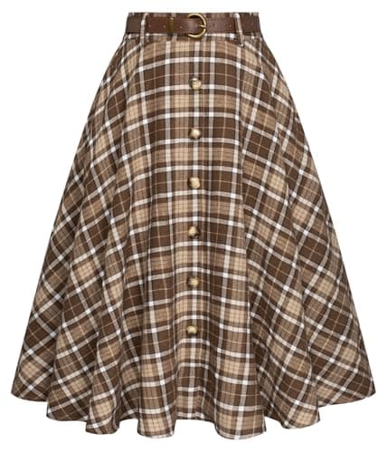 Belle Poque Women's Vintage Pleated Flared Midi Skirt with Pockets & Belt — Brown