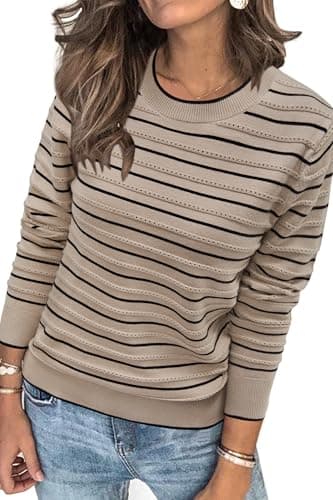 Womens Arach&Cloz Knit Sweater Long Sleeve Casual Spring Outfit Fashion — Striped Taupe Black
