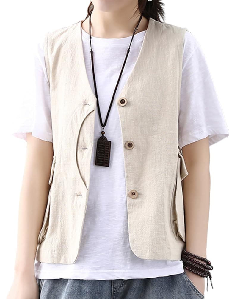 IDEALSANXUN Women's Linen Sleeveless Vest Blazer Jackets