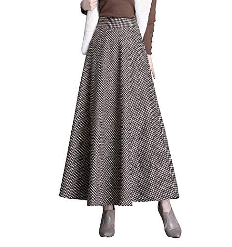 Artykey Women's High Waist Warm Plaid Wool Maxi Skirt S-3XL — B Khaki