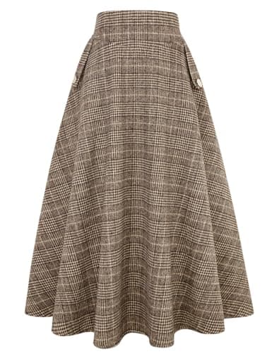 Women's High Waisted Wool Plaid A-line Skirt for Fall/Winter — Plaid Grid Coffee
