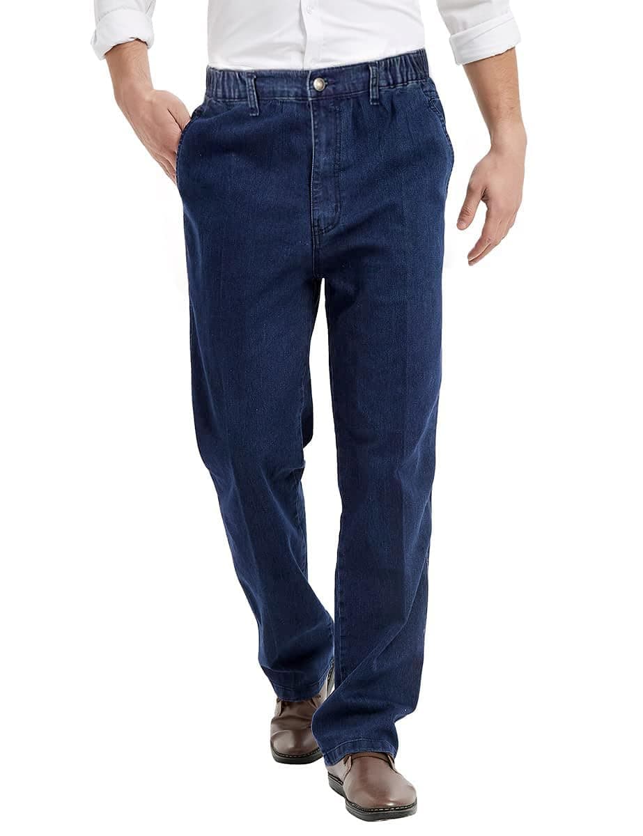 Men's Elastic Waist Jeans with Zipper and Button