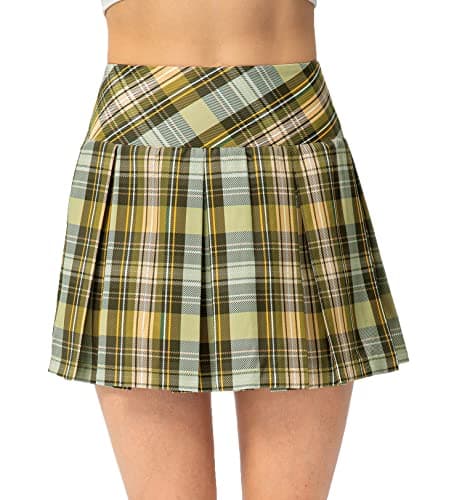Amxiway Women's Pleated Mini Plaid Skort for Tennis & Golf — Yellow Plaid