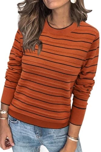 Womens Arach&Cloz Knit Sweater Long Sleeve Casual Spring Outfit Fashion — Striped Pumpkin Black