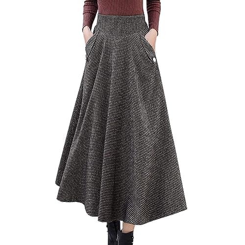 High Waist Plaid Wool Maxi Skirt for Women - A-Line Flared Style