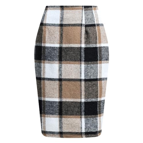 Womens High Waist Plaid Wool Bodycon Mini Skirt Slit — Dark Khaki Grid