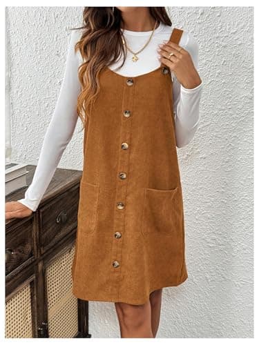 SOLY HUX Women's Corduroy Button Front Sleeveless Pocket Short Dress