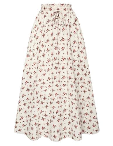 Scarlet Victorian Maxi Skirts for Women Summer Floral Pockets — Red-apricot Floral