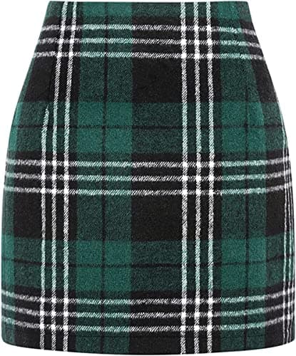 Women's High Waist Plaid Wool Mini Skirt — Green 01