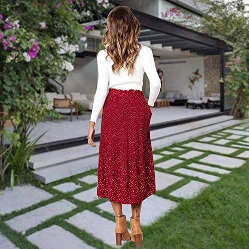EXLURA Women's High Waist Pleated Polka Dot Maxi Midi Skirt with Pockets
