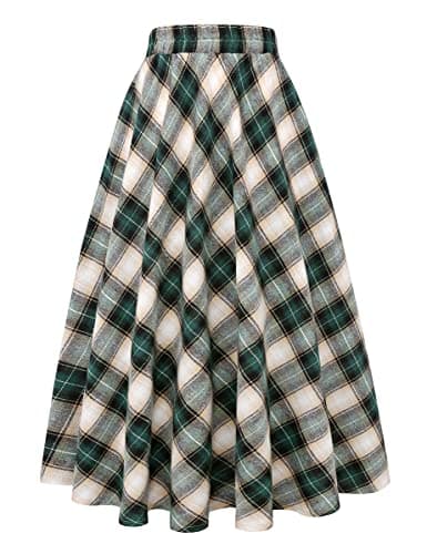Women's Plaid A-line Midi Pleated Skirt — Green 01