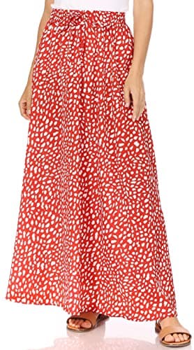 Trendy Women's Maxi Skirts - Flowy Summer Aline Elastic High Waisted Reg & Plus Size — Red Leopard