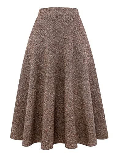 Ylingjun Long Plaid Wool Skirt for Women Winter Warm Elastic Waist — Dark Khaki