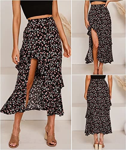 BTFBM Women's 2025 Summer Floral Print Elastic Waist High-Low Boho Maxi Skirt
