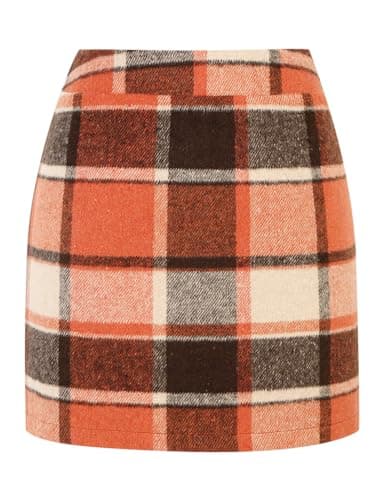 Women's Wool Plaid Mini Skirt - High Elastic Waist for Fall & Winter — Orange