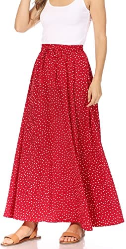 Trendy Women's Maxi Skirts - Flowy Summer Aline Elastic High Waisted Reg & Plus Size — Red White Dots