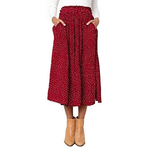 EXLURA Women's High Waist Pleated Polka Dot Maxi Midi Skirt with Pockets