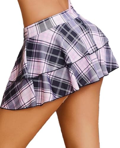 Avidlove Women's Pleated Mini Skirt with Solid Ruffle Lingerie Skirts — Pink Gray Plaid