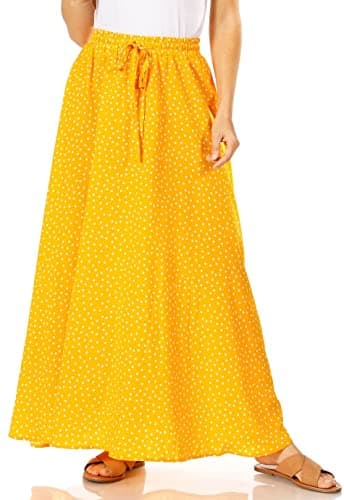 Trendy Women's Maxi Skirts - Flowy Summer Aline Elastic High Waisted Reg & Plus Size — Mustard Polka Dot