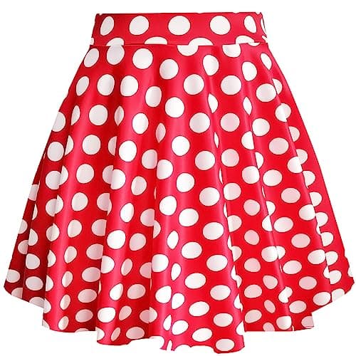 PUKAVT Women's A-Line Mini Flared Stretchy Skater Party Skirt — Red White Dot