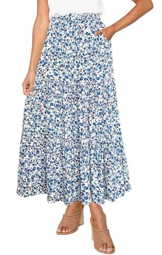 Afibi Women's High Waist A-Line Ruffle Swing Maxi Skirt with Pockets — White Blue