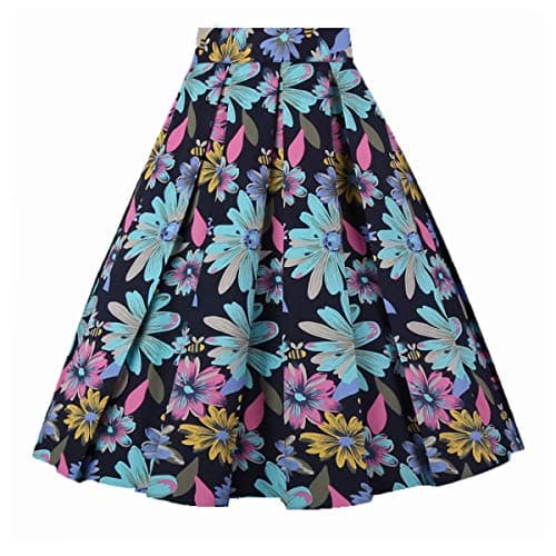 OBBUE Vintage Floral A-line Printed Midi Skirt with Pockets — Navy Daisy