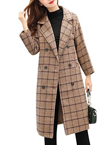 Tanming Women's Mid-Length Wool Blend Notch Lapel Trench Coat — Khaki-plaid