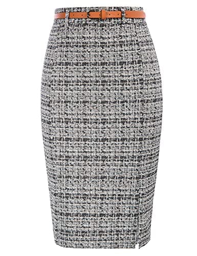 Women's Tweed Pencil Skirt with Slit and Belt — Black&tweed