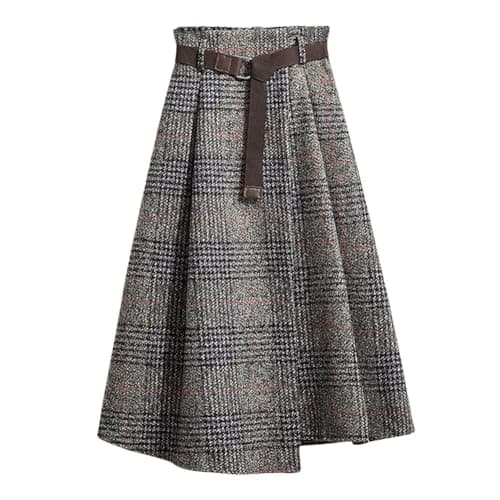 Chouyatou Women's Vintage Plaid Houndstooth Midi Skirt with Belt