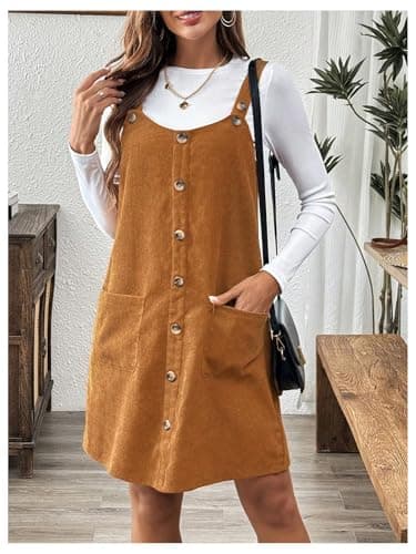 SOLY HUX Women's Corduroy Button Front Sleeveless Pocket Short Dress