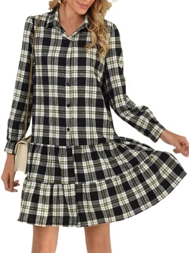 IDEALSANXUN Women's Plaid Long Sleeve Button Down Dress — Black