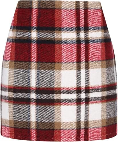 WIFFGO Women's High-Waisted Plaid Wool Mini Skirt — Wine Red
