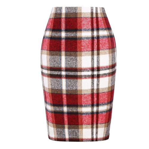 Yuemengxuan Women's Wool Plaid High Waist A-line Skirt — Midi Length Red