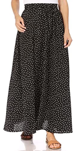 Trendy Women's Maxi Skirts - Flowy Summer Aline Elastic High Waisted Reg & Plus Size — Black White Dots