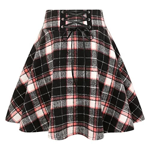 Wool Plaid Mini Gothic Skirts for Women — Pink&black