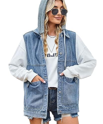 PAODIKUAI Women's Oversized Distressed Denim Vest Jackets — A3-blue With Hood