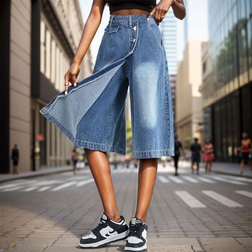 Djeanxa Women's Y2K Wide Leg Knee-Length Denim Shorts with Pockets