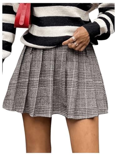 MakeMeChic Women's Flared Plaid Mini Skirt with A-Line Belt — Brown