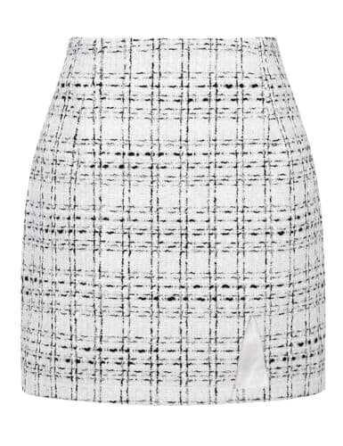 High Waisted Wool Plaid Mini Skirt with Slit for Women by IDEALSANXUN — Tweed White