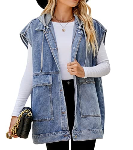 PAODIKUAI Women's Oversized Distressed Denim Vest Jackets — A-blue With Hood