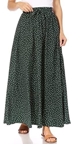 Trendy Women's Maxi Skirts - Flowy Summer Aline Elastic High Waisted Reg & Plus Size — Green White Dots