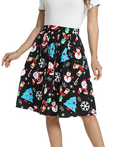 Tandisk Women's Vintage Printed Flared Midi Skirt with Pockets — Santa Claus